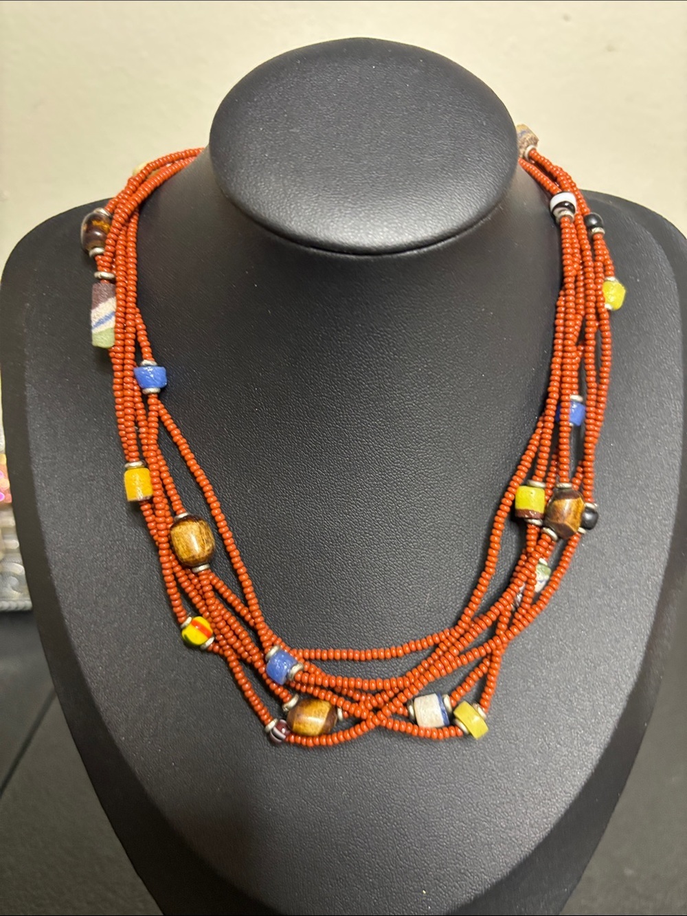 Vintage Multi-Strand Orange Beaded Necklace with Colorful Accent Beads